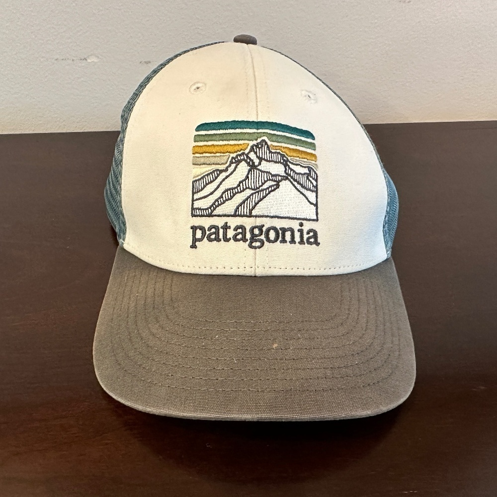 Patagonia Hat Mountain Patch Logo Blue Gray White Outdoor Trucker Cap Nature